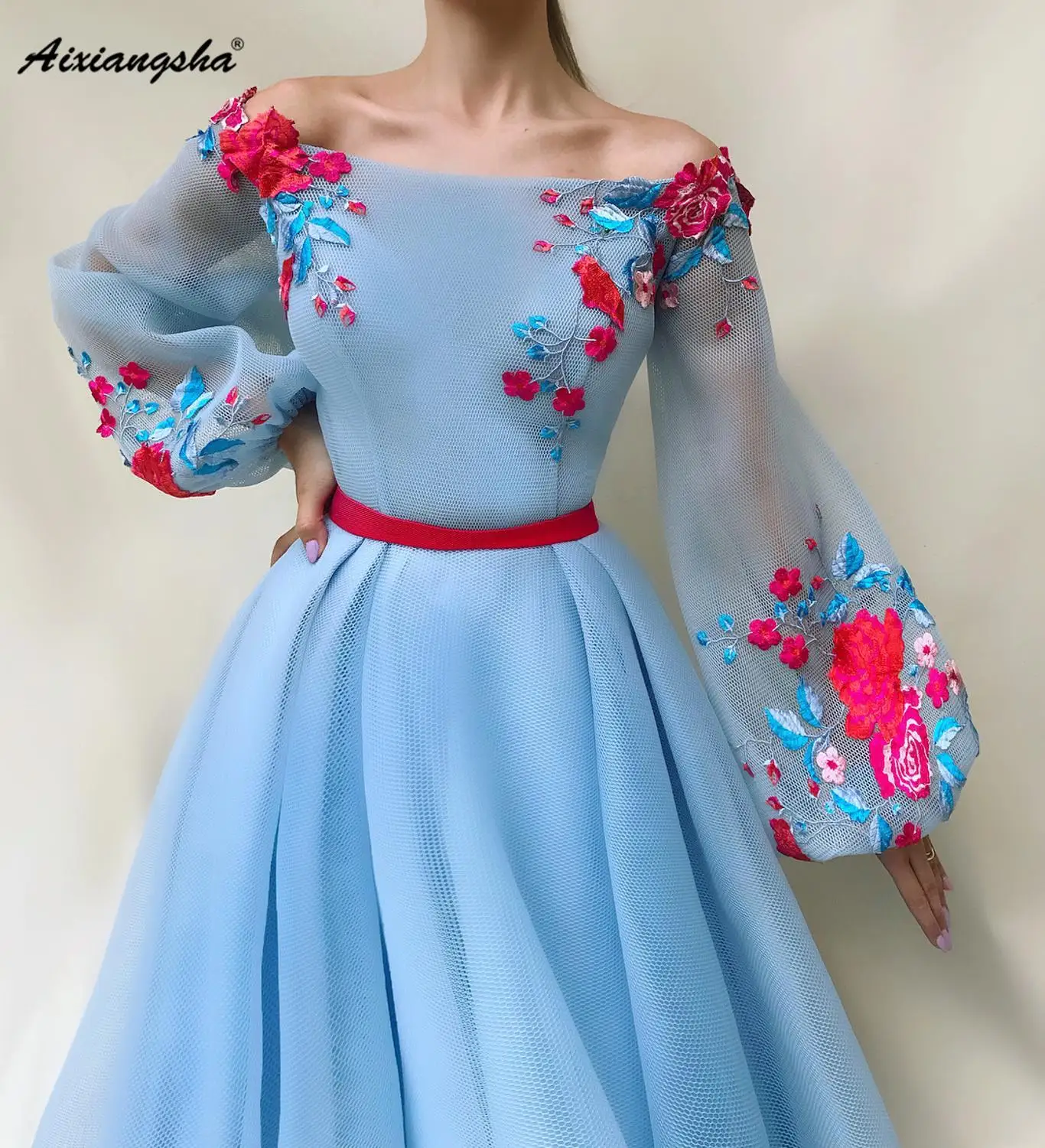 

Sky Blue Evening Dresses Sheers A-Line Off The Shoulder Sleeves Floor Length Formal Party Gowns Long Evening Dresses Vestidos