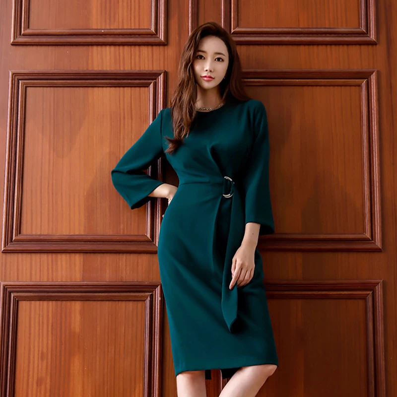 

2019 Han Queen Womens Stripes Office Wear Summer Sexy Dress Puff Sleeve O-neck Sheath Bodycon Pencil Business Vestido Drop Shipp
