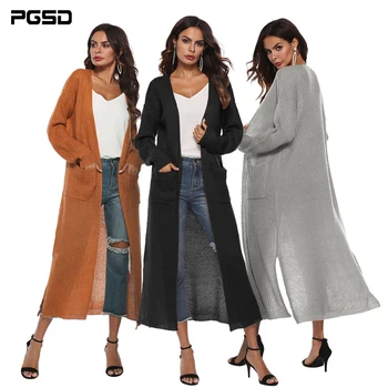 PGSD Autumn Winter Long Women Knitted Cardigan Loose Long sleeves Sweater Pockets Casual female Warm soft solid Outwear clothes black side pockets long sleeves outerwear