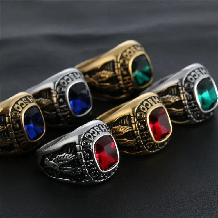 

Titanium Steel Rings for Men Hip Hop Gothic Stainless Steel Red Blue Stone Costumes Antique Eagle High School Graduation Jewelry