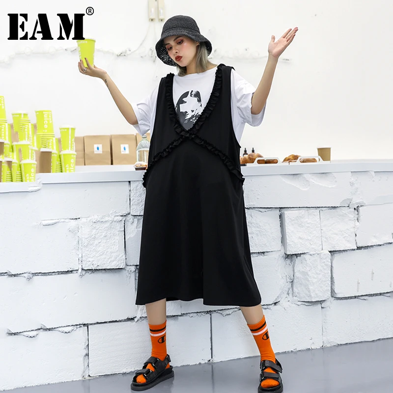

[EAM] Women Black Ruffles Stitch Strap Dress New V-Neck Sleeveless Big Size Loose Fit Fashion Tide Spring Autumn 2019 JZ119