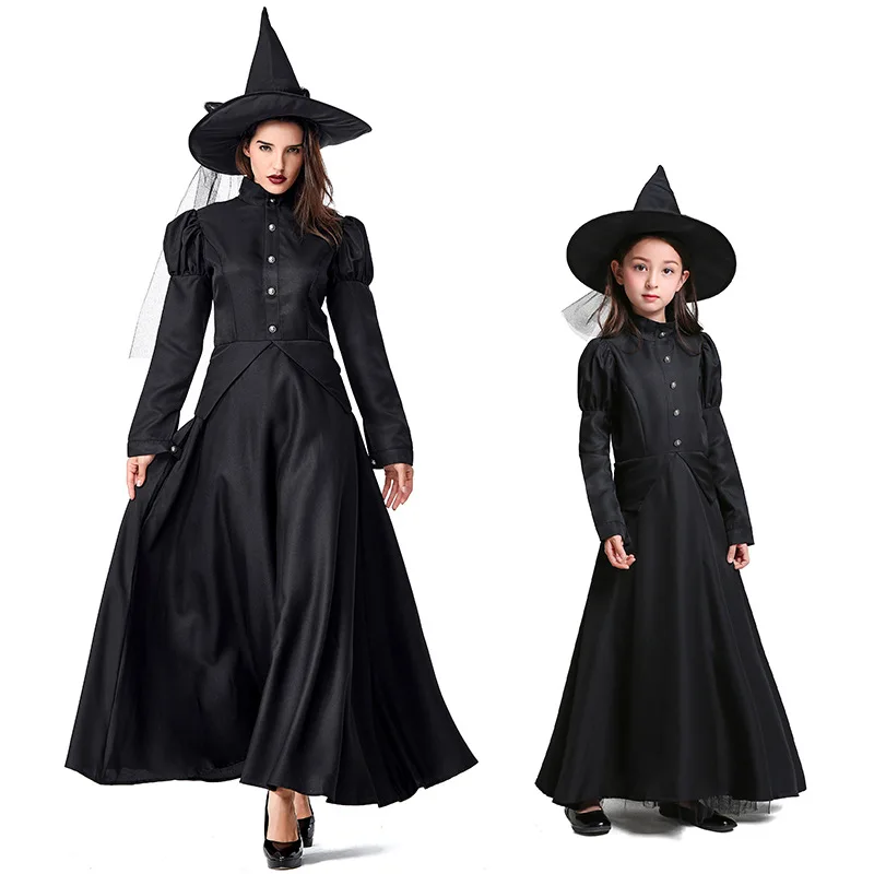 

Deluxe Women Girl Black Witch Fantasia Fancy Dress Halloween Long Dress Book Week Children's Days Evil Witch Cosplay Costume