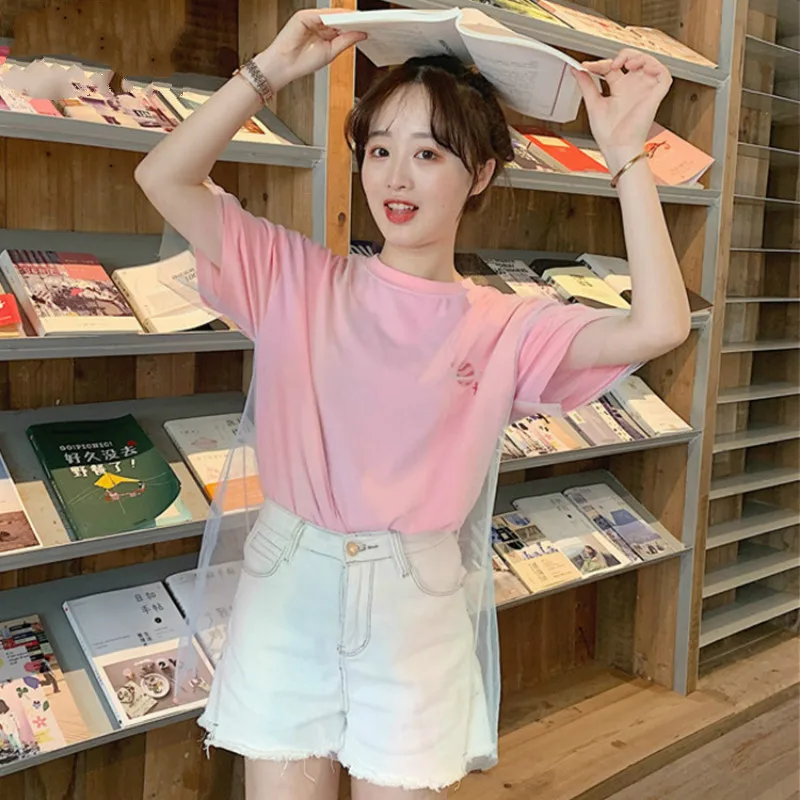 

summer women's new fashion short-sleeved casual Womens fake two-piece mesh stitching short sleeve loose girl Solid T-Short