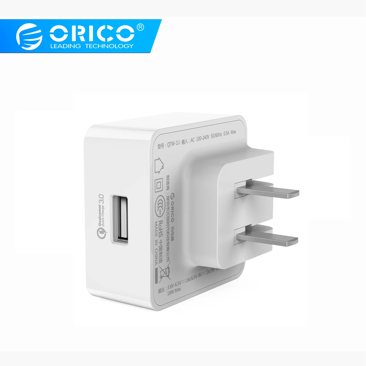 

ORICO QC Phone Charger Quick Charge 3.0 18W Fast USB Charger for iPhone XS Samsung S10+ Xiaomi Huawei with Free Micro USB Cable