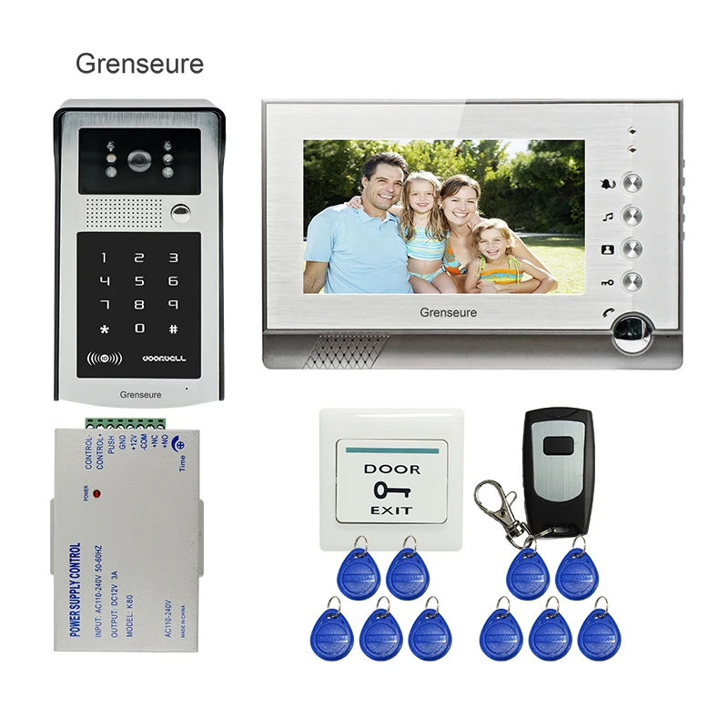 

FREE SHIPPING 7" LCD Screen Record Video Intercom Door Phone System + Outdoor RFID Code Keypad Doorbell Camera + Remote + 8G SD