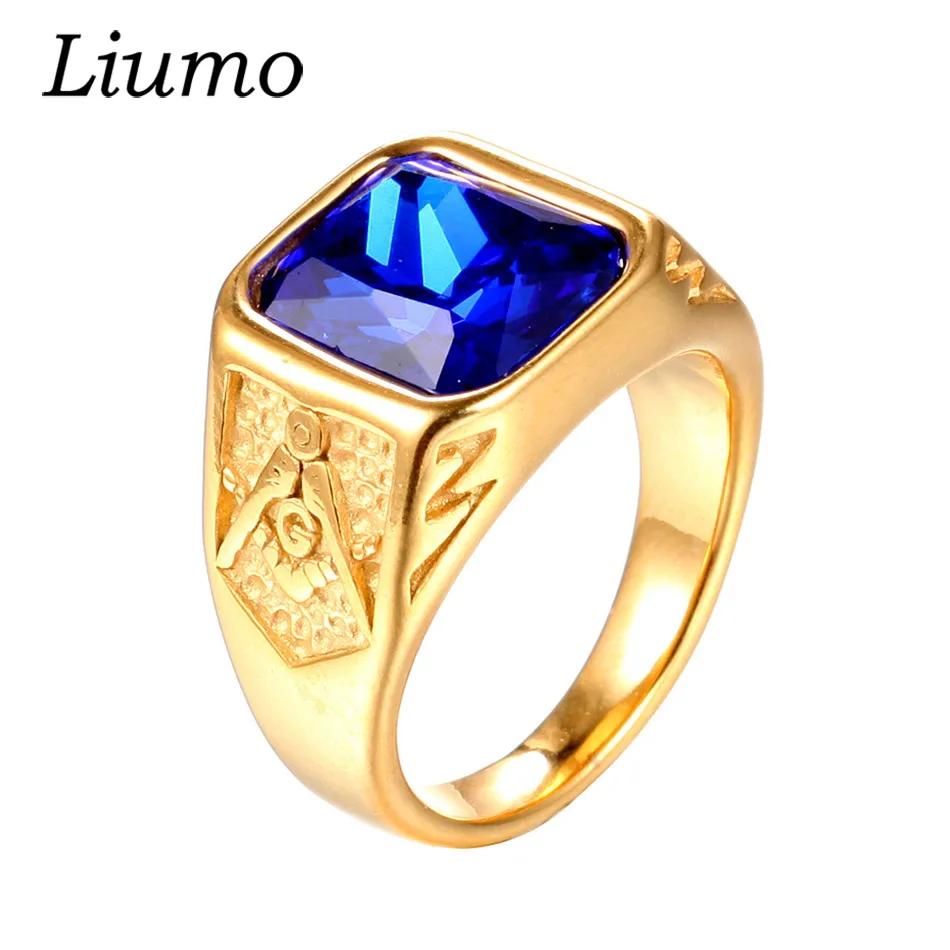 

Liumo Punk Style Hip Hop Gold Color with Red Blue Green Black Crystal Stone Masonic Men 316L Stainless Steel Biker Ring Lr811