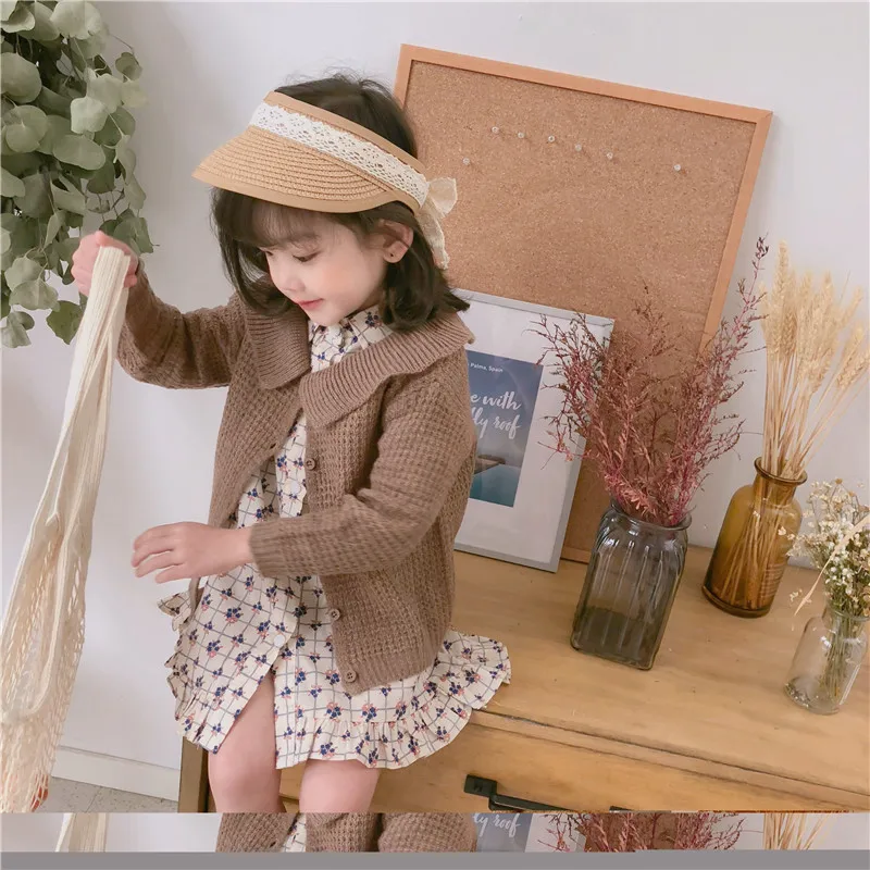 

2019 Spring New Arrival Korean style cotton pure color lotus leaf collar all-match Sweater Coat for cute sweet baby girls