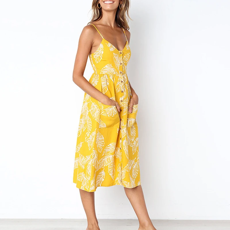 

Summer Women's Dress 2019 Fashion Pineapple Sunflower Leaf Polka Dot Print Bohemian Dress Button Spaghetti Strap Backless Dress