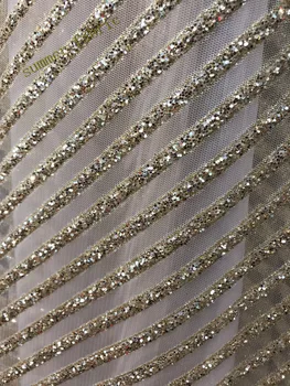 

Gold stripe sparkle glued glitter african tulle mesh lace for sawing dress/evening dress
