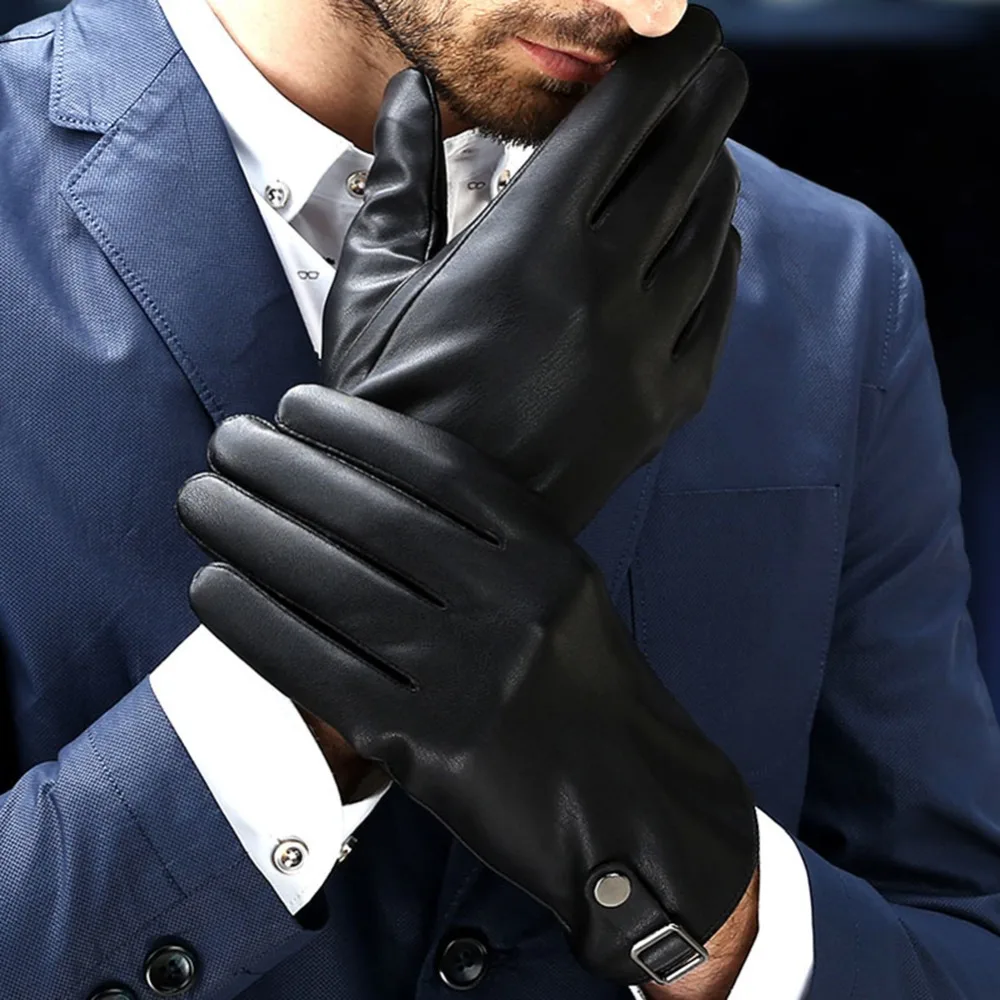 Stylish men's corduroy leather gloves, solid color, washed with warm