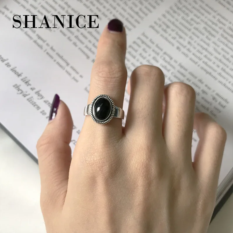 

Shanice Punk Style 925 Silver Black Stone Ring New Fashion Original S925 Sterling Silver Rings for Women Jewelry Adjustable Size