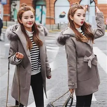 

With cap Women Autumn Winter Coats Jackets warm Cotton Padded wool blends solid Oversized High Quality Long Coat Manteau Femme