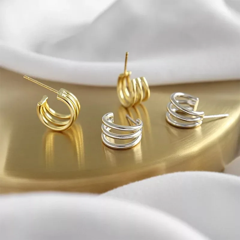 

New 925 sterling silver earrings simple multi-layer line round earrings stud earrings female silver ear jewelry