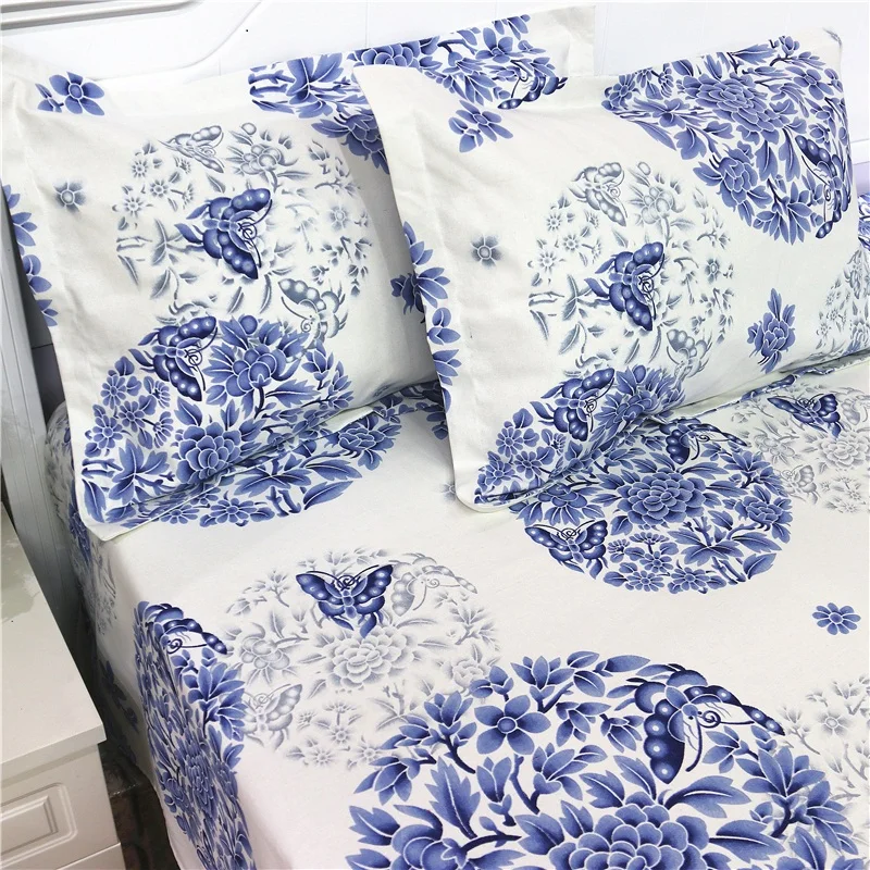 

HMS 100x240cm Cotton Canvas Fabric Material DIY for Bedding Articles Table Cover By the Meter Printed Round Blue Flower