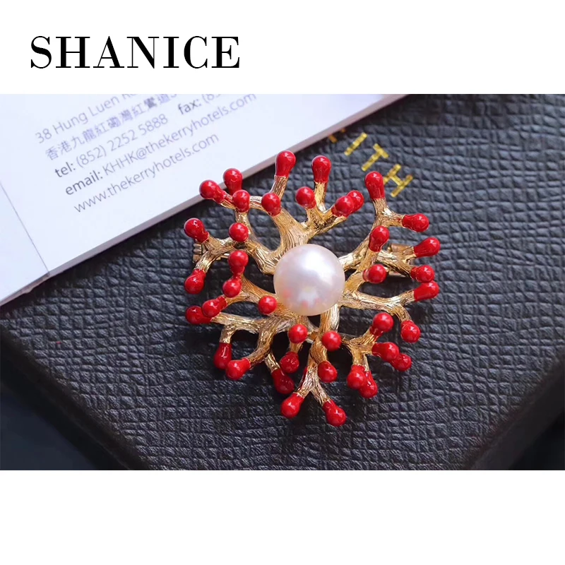 

SHANICE Pendant Dual-use Alloy Base Red Enamel pearl brooch pins copper with cubic zircon brooch pins office career fashion