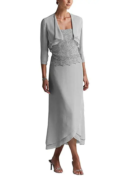

Two Piece Tail Beaded Mother of The Bride Dresses 2019 Tea Legth Formal Dress Chiffon Moeder Van De Bruid