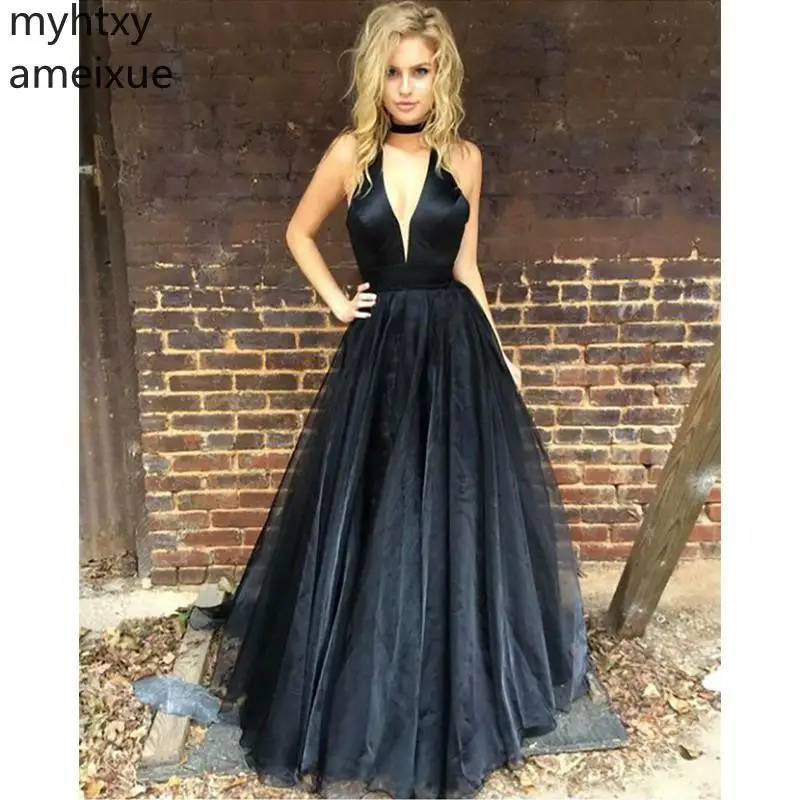 

Simple Sexy Plus Size Tulle Evening Dresse A-line Prom Dress V-neck Floor Length Sleeveless Gowns Custom Made Robe De Soiree