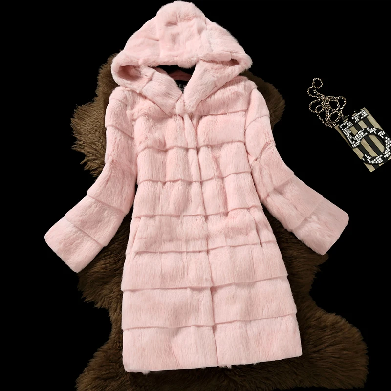 2018 Fashion real fur coat women full sleeve wave cut genuine rabbit fur warm winter coats and jackets with a hood