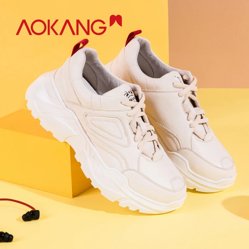 AOKANG/женские массивные кроссовки; женская обувь из натуральной кожи на платформе; обувь из вулканизированной кожи на шнуровке; женские кроссовки; обувь для папы