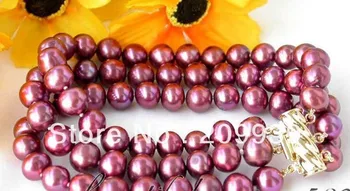 

free shipping 00306 beautiful 3row 8" 9mm purple round freshwater pearl bracelet
