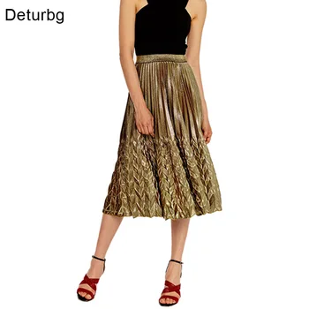 

Deturbg Women's New Fashion Pleated Skirt Ladies Elegant Elastic High Waist Large Size Gold Midi School Skirts 2018 Summer SK216