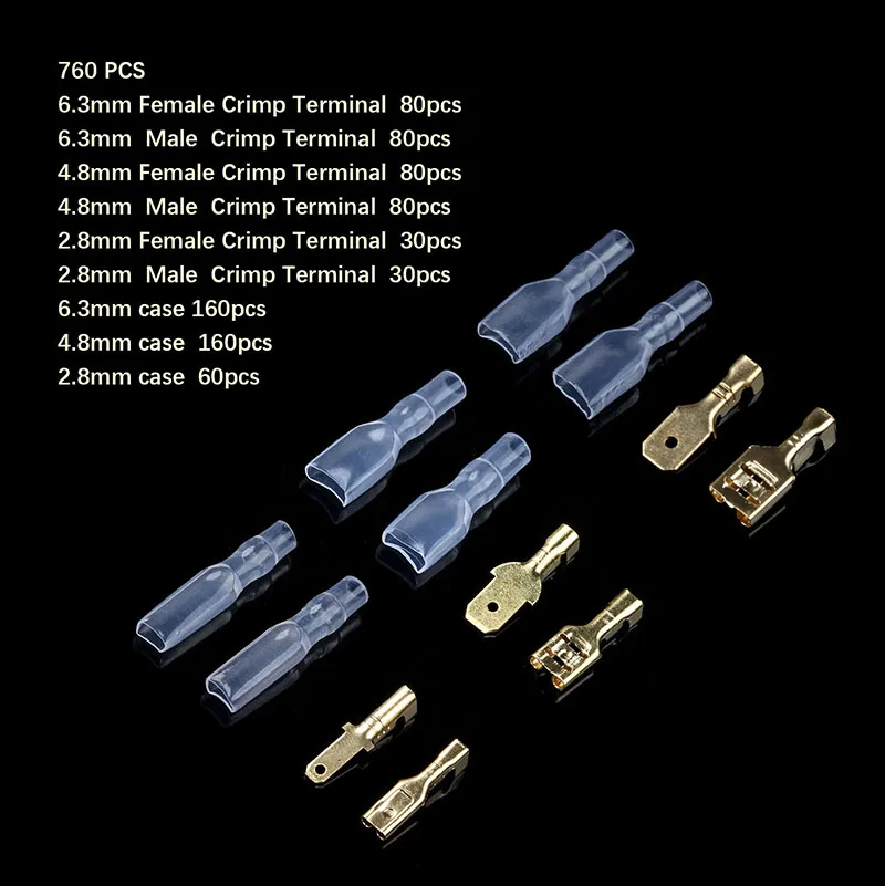 760 шт. 2,8/4,8/6,3 мм женский и мужской лепестковый Разъемы набор обжимных разъёмов, коннекторов с изолирующей рукава для 0.5mm2-1.5mm2