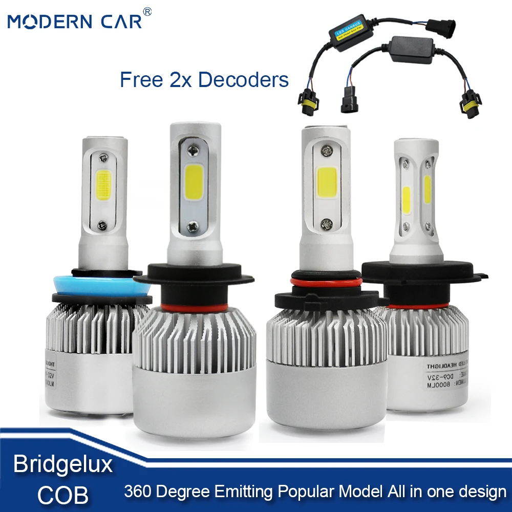 

MODERN CAR 2x Decoders+COB 3Sided LED Headlight Bulbs Error Free Canbus H1 9005 9006 H7 H11 9012 H16 H10 880 H4 H13 Headlights