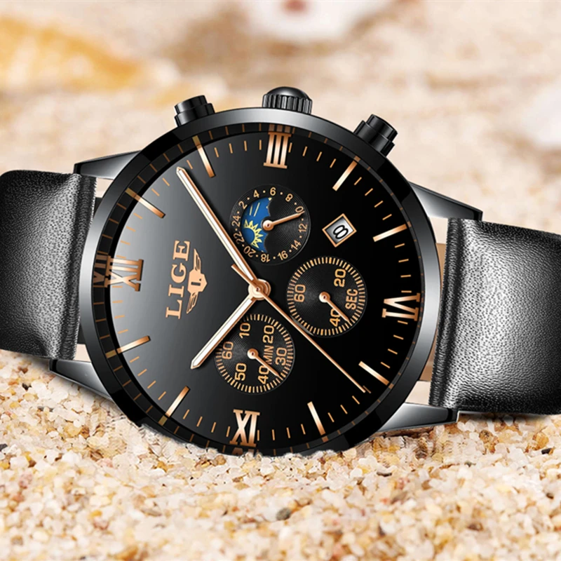 2017 LIGE Watches Top Brand Luxury Waterproof 24 hour Date Quartz Watch Man Leather Sports Wrist Watch Men Waterproof Clock Mens