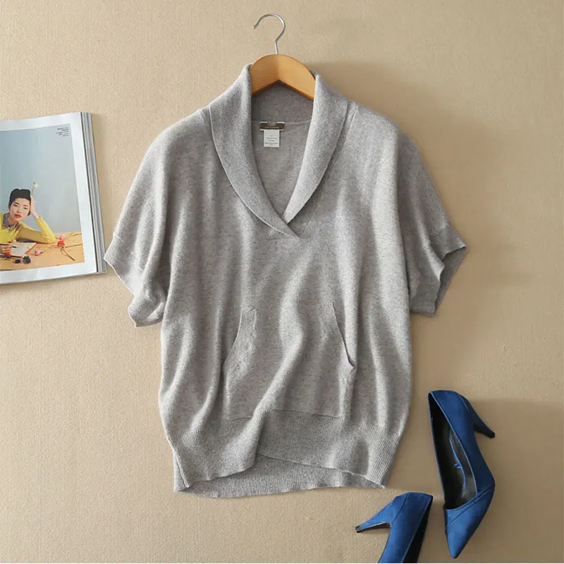 

Spring Autumn High Quality 100% Pure Cashmere Sweater Pullover Pocket Knitwear V-neck Batwing Sleeve Loose Stylish Jumper Women