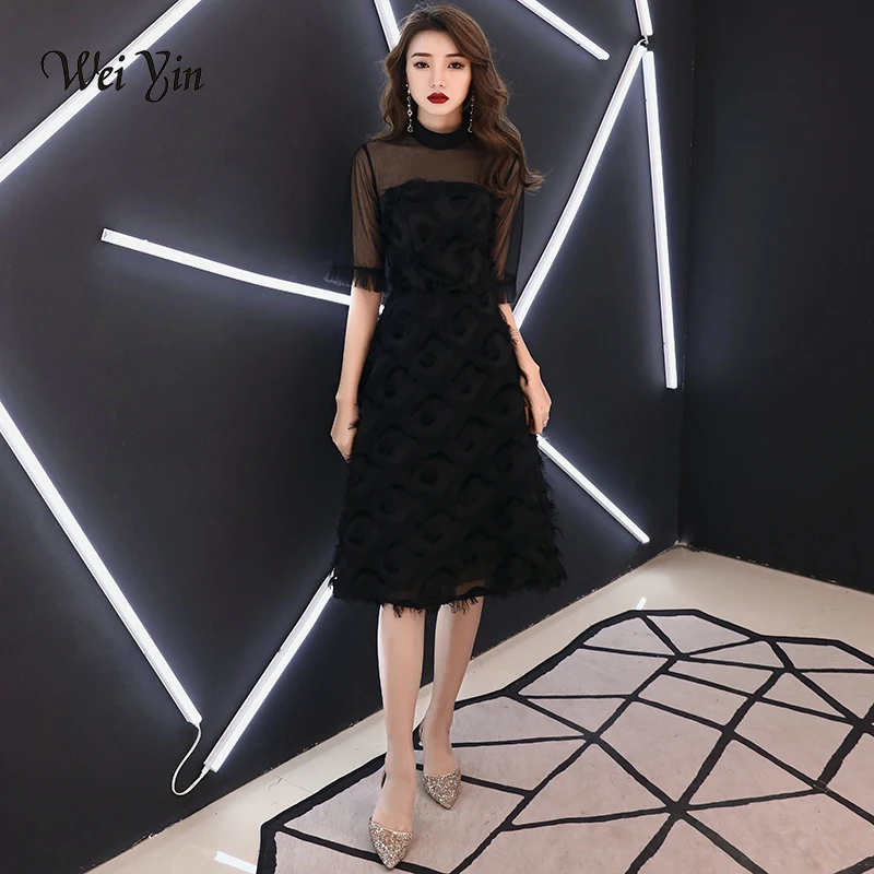 Weiyin Новое короткое вечернее платье черное с черным кружевом Короткие вечерние платья для выпускного вечера вечерние платья WY1340