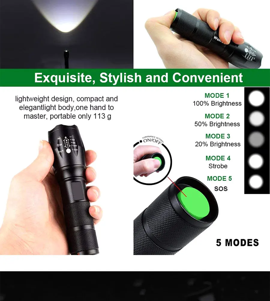 High Quality LED Flashlight XML T6 Linterna Torch 1600LM Waterproof Outdoor Camping Powerful Led Flashlights 5 Modes Dimmable (10)