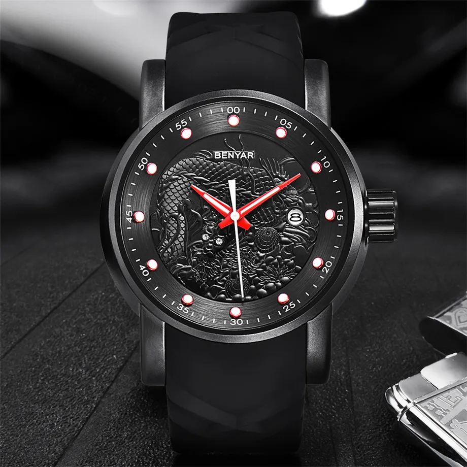 BENYAR Men Wristwatches 3D Chinese Dragon Carving Dial and Band Date Display Waterproof 30m Business Quartz Watch heren horloge (3)