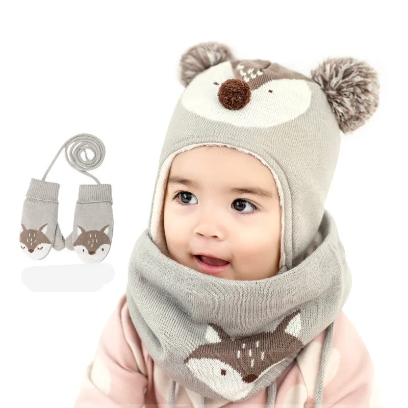 2017 New Winter Children Warm Thick Hat Scarf Glove 3pcs Set Fox Knitted Baby Kids Beanies Caps Neck Warmers Gloves For Boy Girl