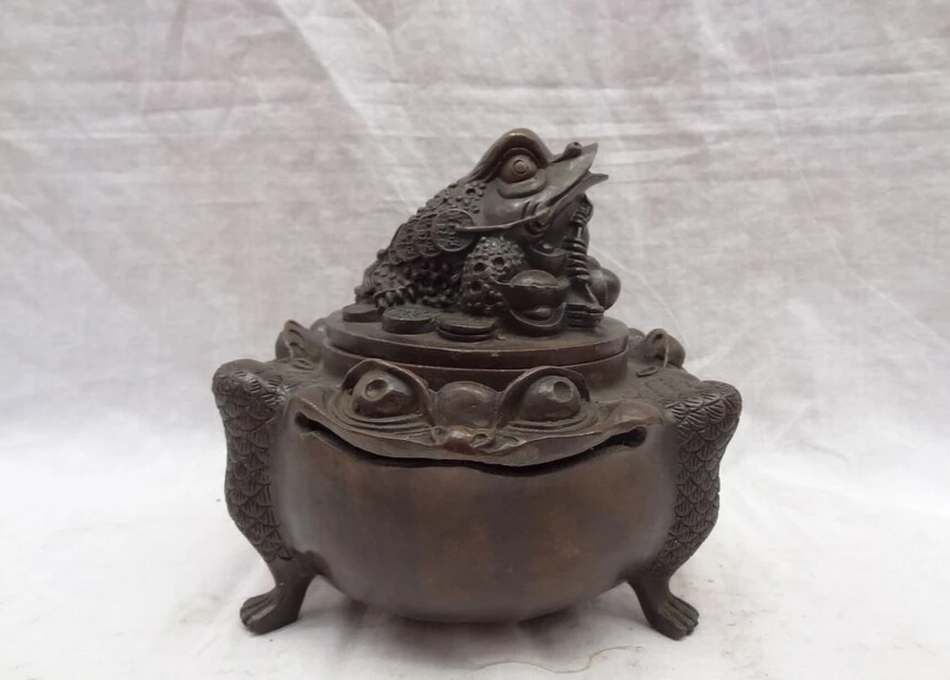 

song voge gem S4771 Chinese Bronze YuanBao Coin FengShui Toad Hoptoad Statue Incense Burner Censer