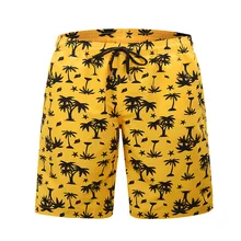 Summer Yellow Board Shorts Beach Surfing Swimwear Fitness Bodybuilding Swimming Trunks Coconut Tree Men's Bathing Suit