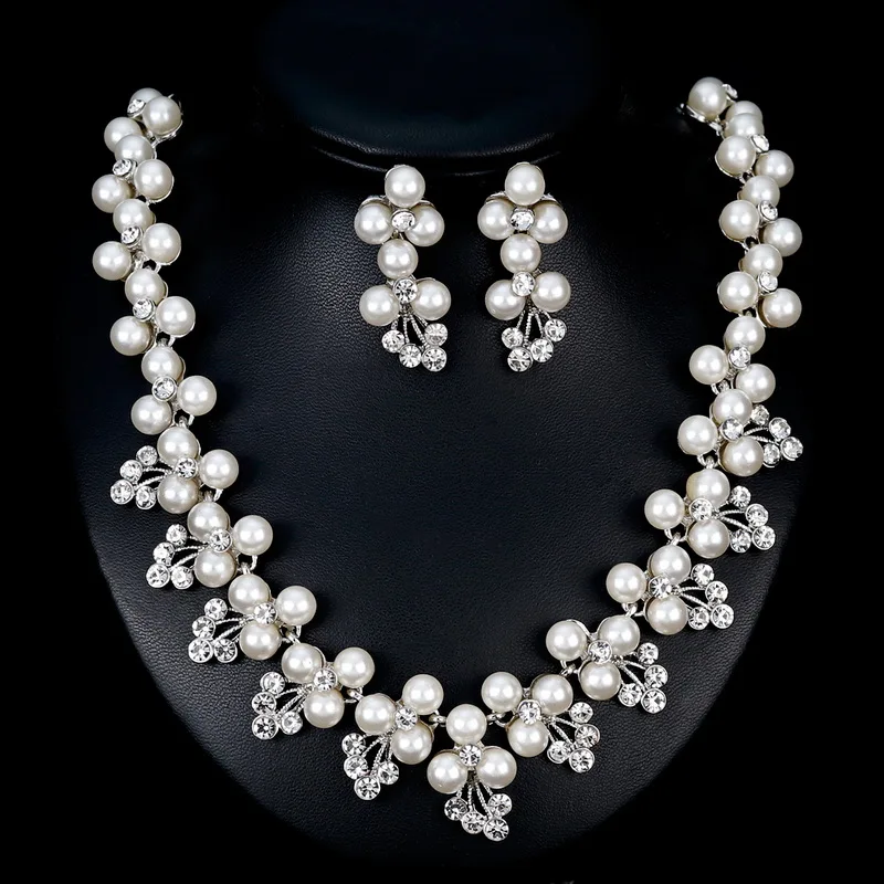 

Silver Color Simulated Pearl Jewelry Set for Women Crystal Flower Necklace Earring Bridal Wedding Set bijoux Leaf jewelry Sets