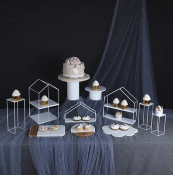 

marble Geometric Shape Tray Hollow Out Vintage white Cake Stand Cake Tools Metal Wedding Party Dessert Cupcake Pedestal Display