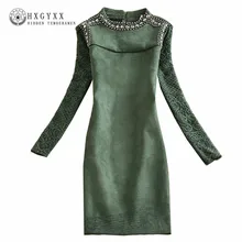 2017 New Autumn Winter Suede Dress Vintage Full Sleeve Rivet Beading Stand Collar Lace Stitching Slim Sexy Party Dresses OK454