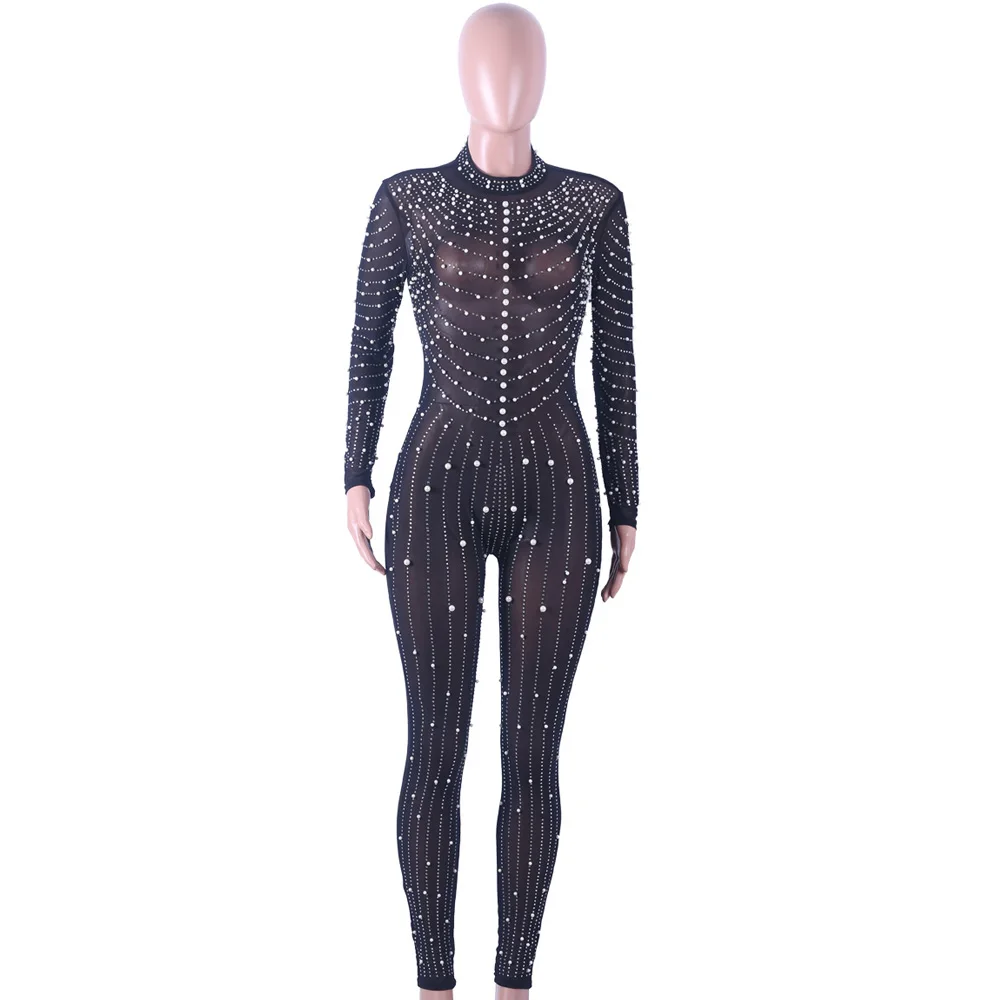 glittering embellished mesh skinny jumpsuit
