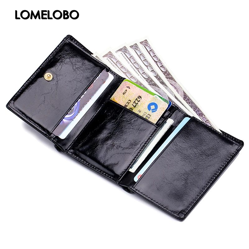 

Lomelobo Lady Mini Wallet Genuine Oil Wax Cowhide Leather Small Credit ID Card Holder Purse Men Male Business portomonee HPL3358