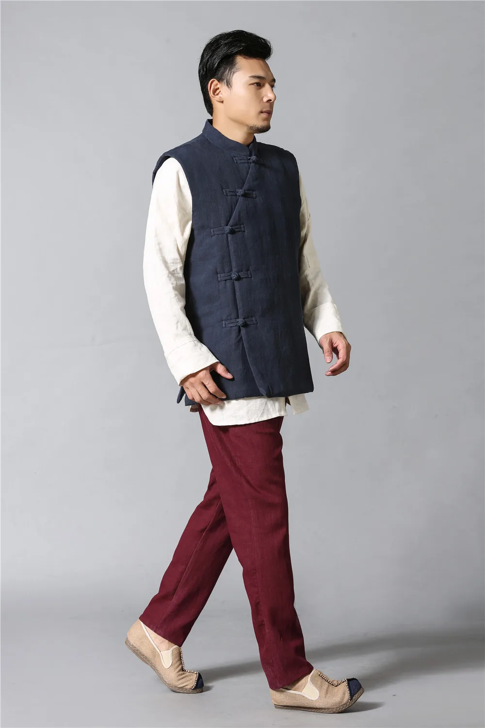 Китайский стиль старинные чистый лен Для мужчин жилет осень-зима хлопковой подкладкой жилеты 2 цвета 3 размера
