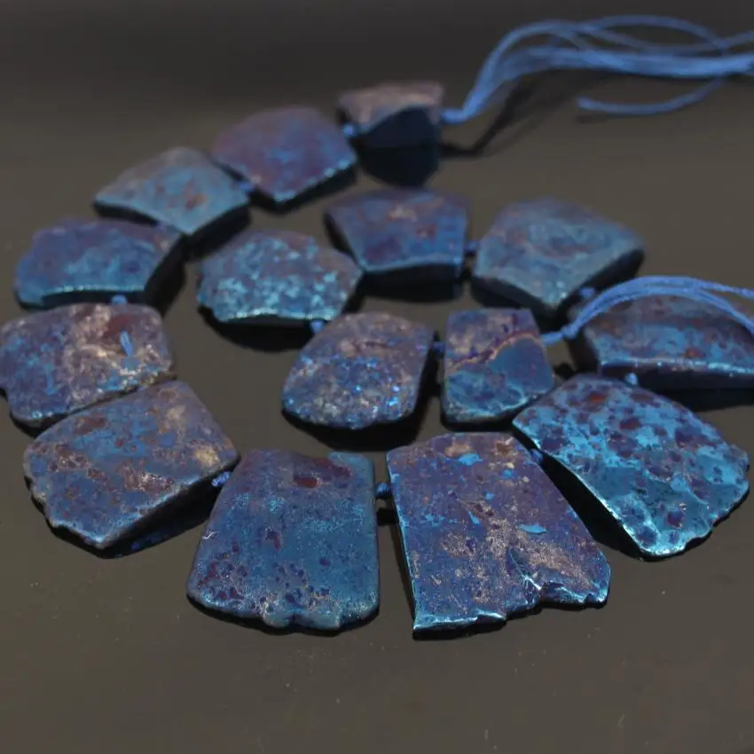 

15.5"strand Large Size Druzy Blue Titanium Ag ate Top Drilled Slab Slice Beads,Raw Stone Slab pendant graduated Nacklace Jewelry