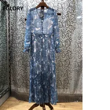 Blue Long Dress New Style Spring Summer Runway Dress Women V-Neck Vintage Print Long Sleeve Maxi Dress High Quality Fashion 2019