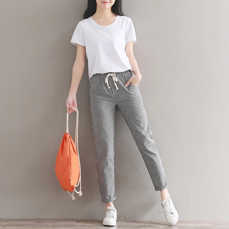 Брюки женские свободные хлопковые льняные в полоску 7017 #|womens fashion trousers|women trousersfashion