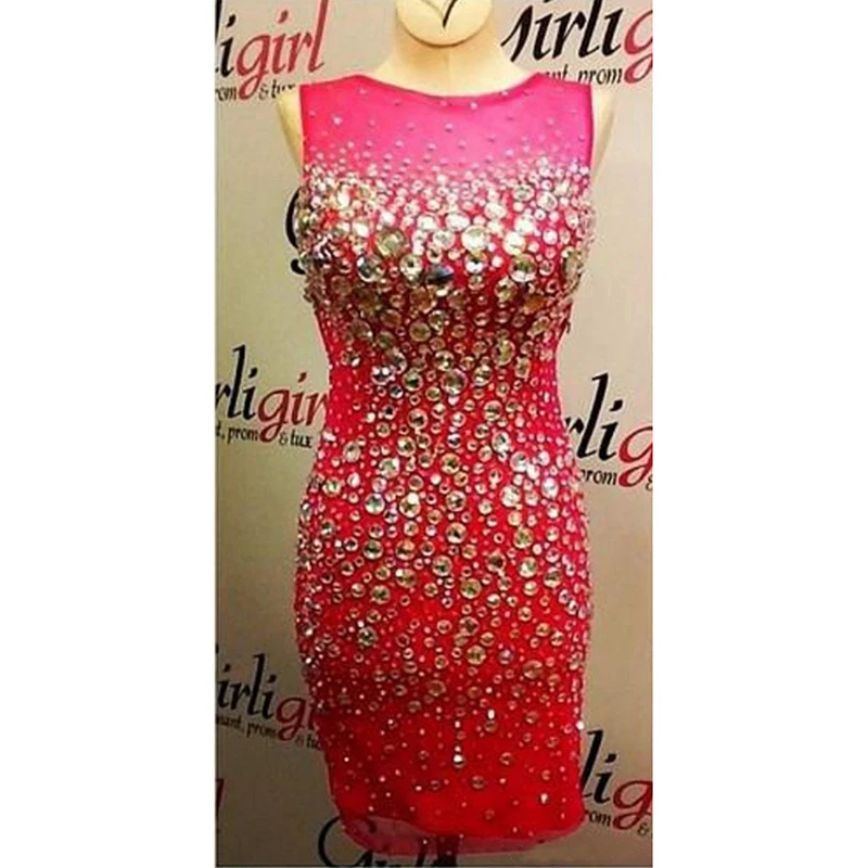 2016 Hot Pink Cocktail Dress With Sheer Neck Bling Crystal Sheath Tulle