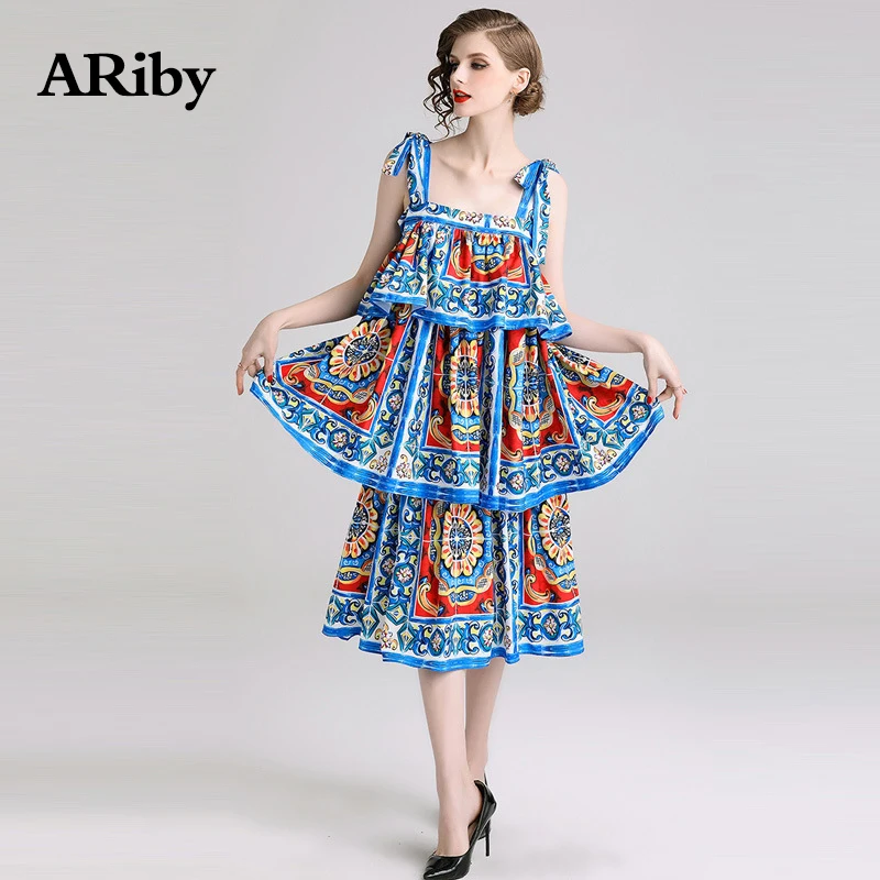 Women Dress Summer Party Square Collar Dress 2019 New Fashion Blue Printing Sling Sleeveless Multi-level Cake Sweet A-Line Dress