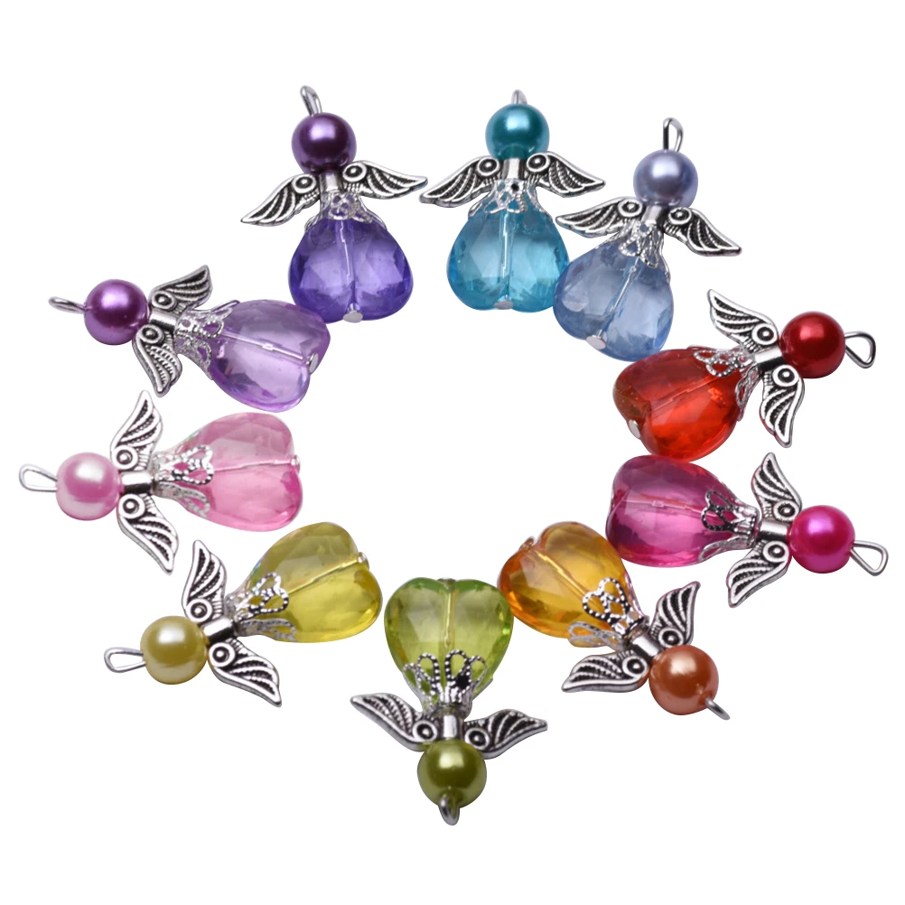 

5pcs Assorted Guardian Angel Pendants Danglers Fashion Handmade Carved Acrylic Heart Bead Wings Necklace Crafts (Random Color)