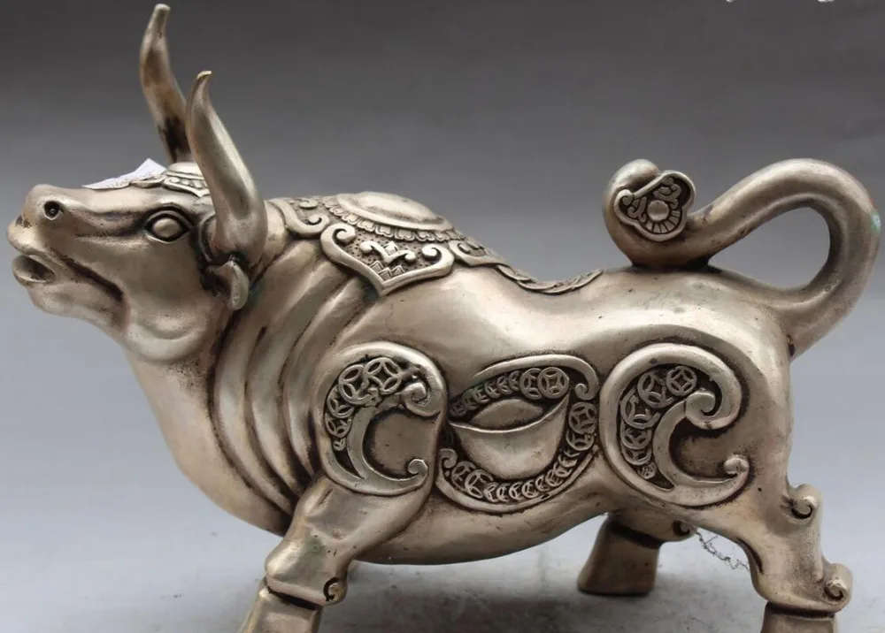 

6710566++10" Chinese Fengshui Silver Wealth Yuanbao Ru Yi Cattle Oxen Bull Animal Statue