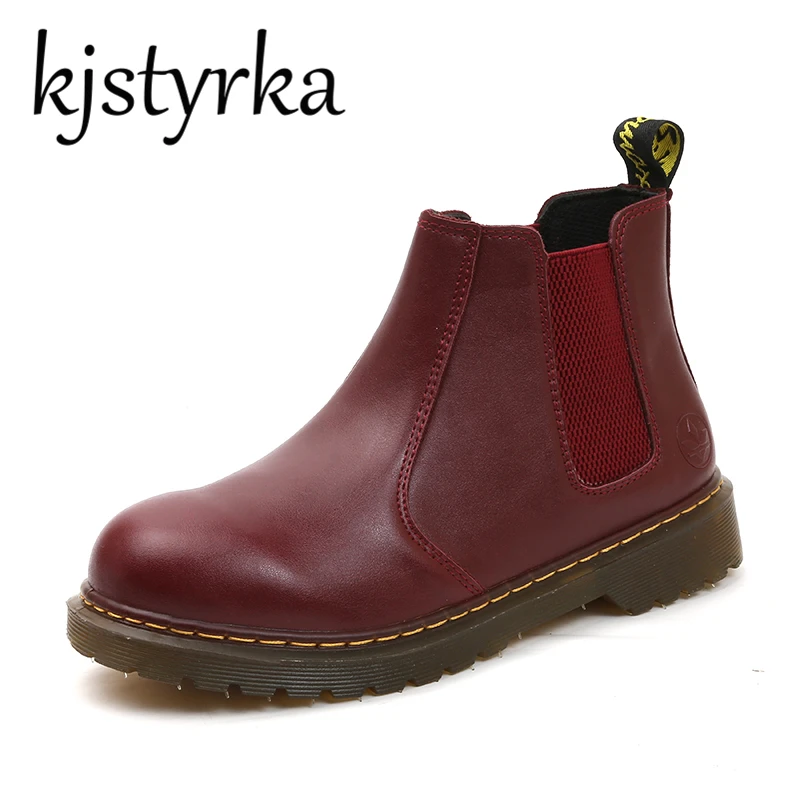

Brand Designers lether Ankle Boots Spring Autumn Round toe Thick Heel Slip On Women martens Martin Boots Couple Boots Size 43 44