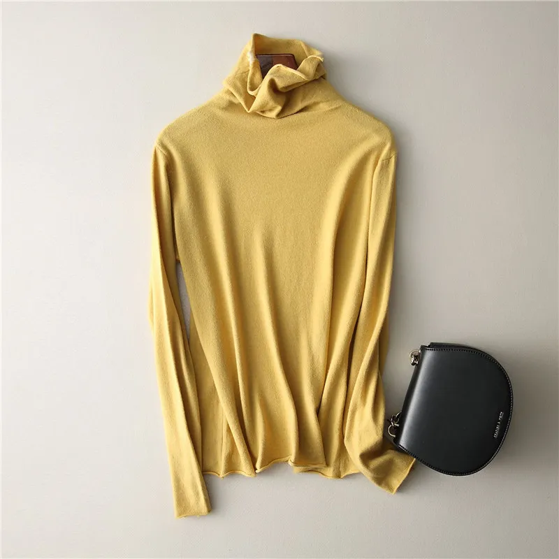 Осенне-зимний тонкий желтый шерстяной свитер с высоким воротом для женщин, кашемировые пуловеры, женский джемпер, тонкий базовый женский свитер - Цвет: Цвет: желтый